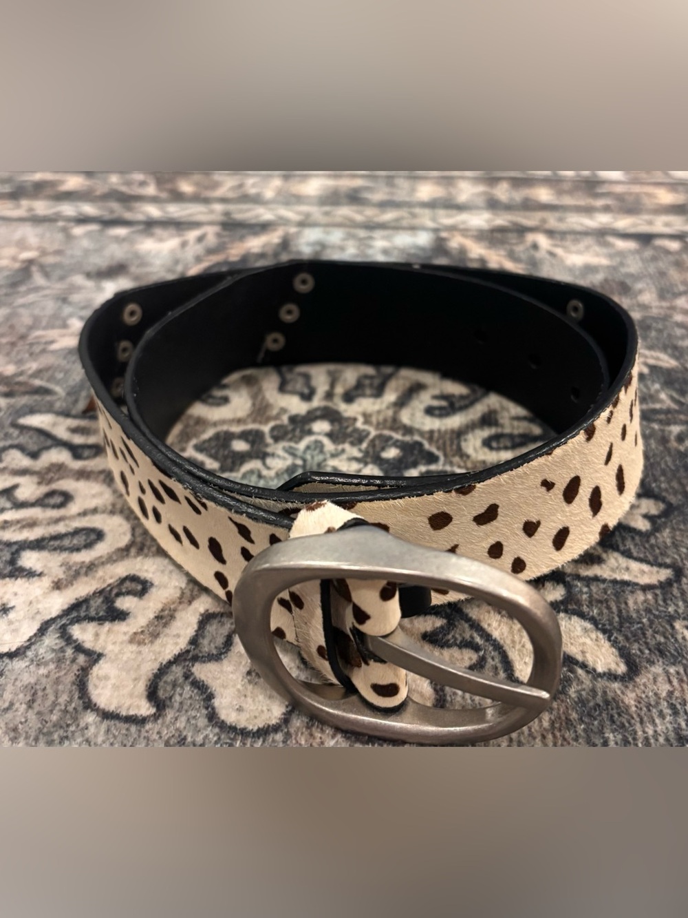 Cow Print Hair-On-Hide Leather Belt Western Boho Oval Buckle Medium